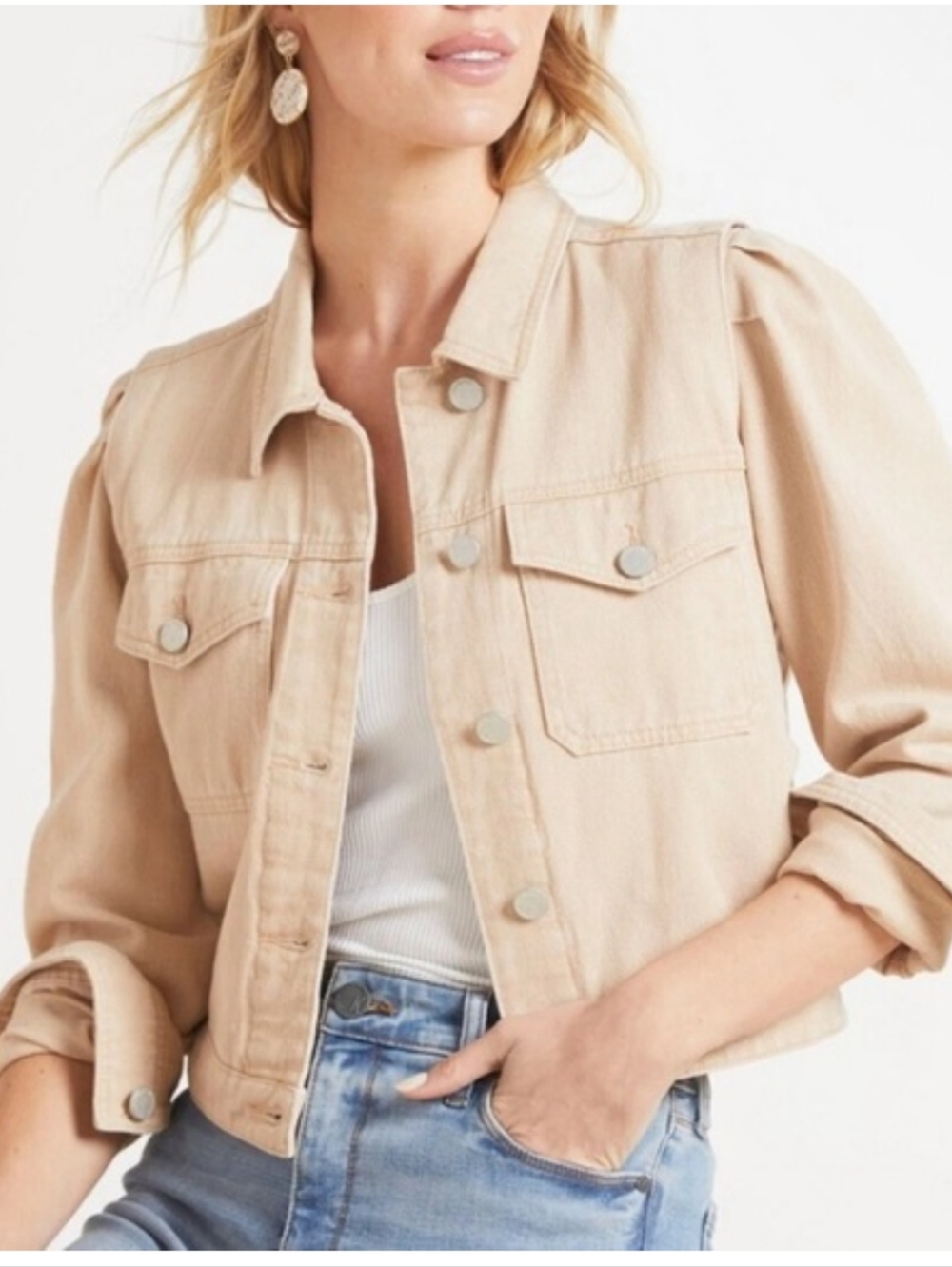 Blank NYC cream denim jean jacket casual chic Sz Medium